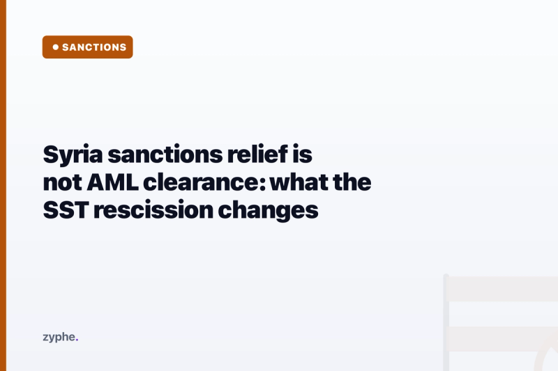 Editorial cover headlined "Syria sanctions relief is not AML clearance: what the SST rescission changes".