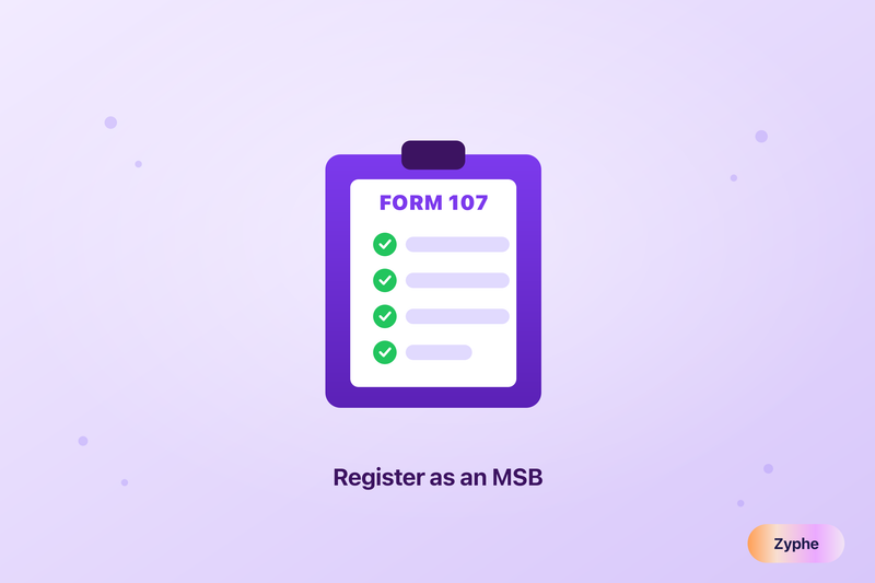 A FinCEN Form 107 clipboard with checked fields, representing registering as a money services business