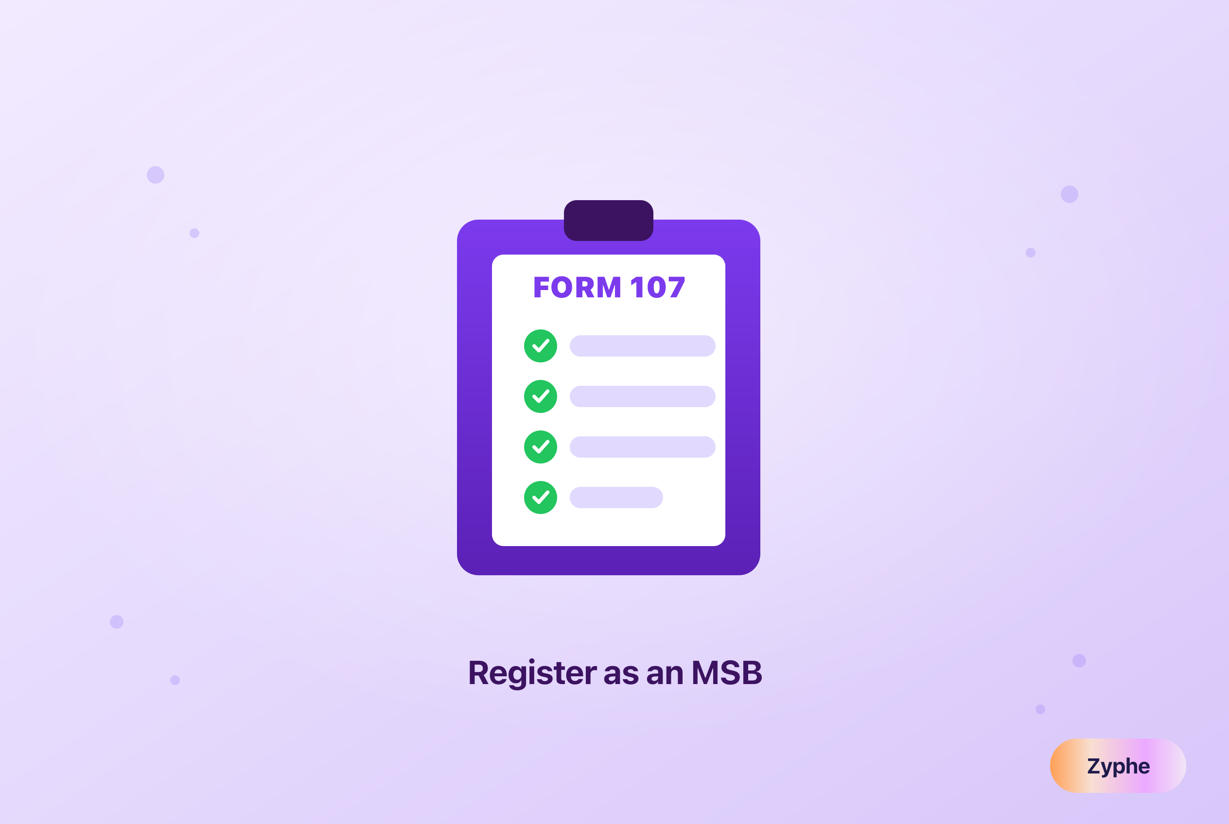 A FinCEN Form 107 clipboard with checked fields, representing registering as a money services business