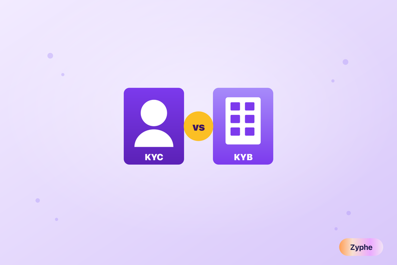 KYC person card versus KYB company building card with a vs badge