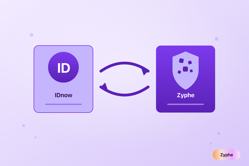 Illustration of switching identity verification provider from IDnow to Zyphe, shown as two cards with exchange arrows in Zyphe's lavender style