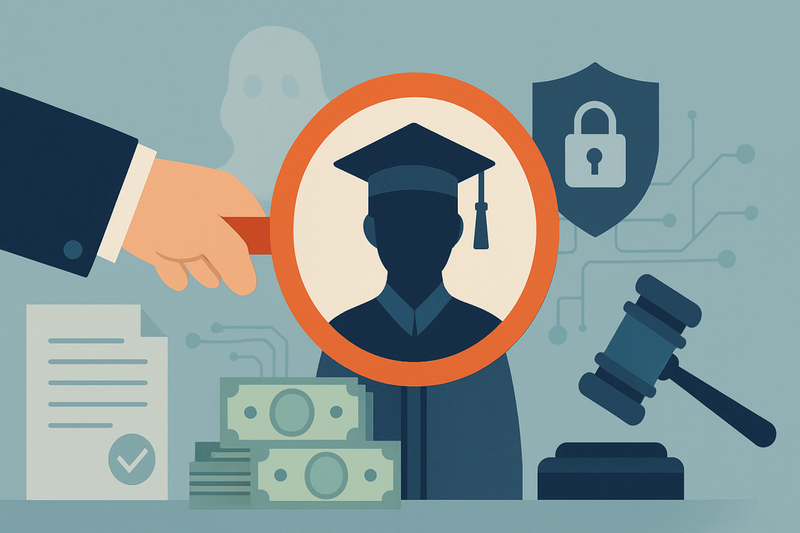 Editorial illustration for the article "FinCEN targets federal student aid fraud: ghost students, synthetic identities and new SAR duties".