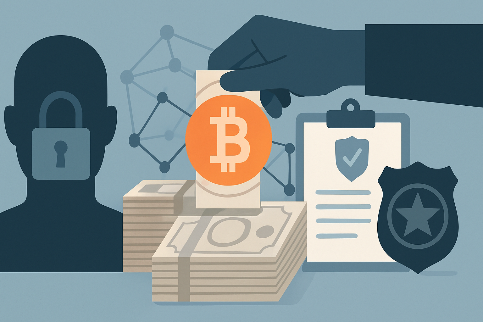 Editorial illustration for the article "PCC money laundering sanctions: OFAC targets a crypto network as Brazil freezes 2 billion dollars".