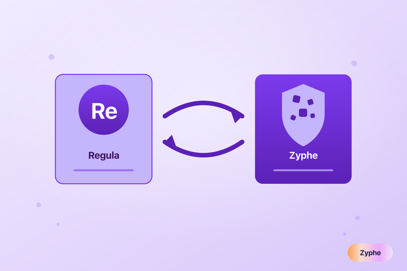 Illustration of switching identity verification provider from Regula to Zyphe, shown as two cards with exchange arrows in Zyphe's lavender style