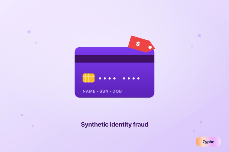 Identity data card with a chip and a red price tag, representing stolen fullz identity packages and synthetic identity fraud