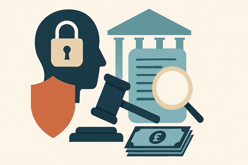 Editorial illustration for the article "FCA censures CACEIS UK over weak financial crime controls in the WealthTek collapse".