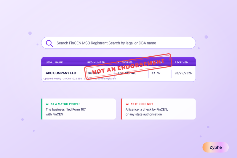 A FinCEN MSB registrant search result row showing a legal name, registration number and declared activities, with a stamp across it reading NOT AN ENDORSEMENT