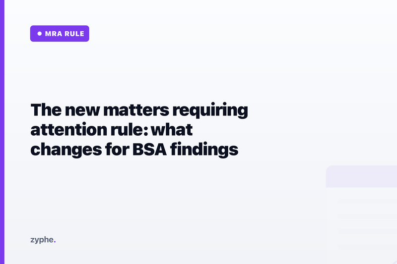 Editorial cover headlined "The new matters requiring attention rule: what changes for BSA findings".