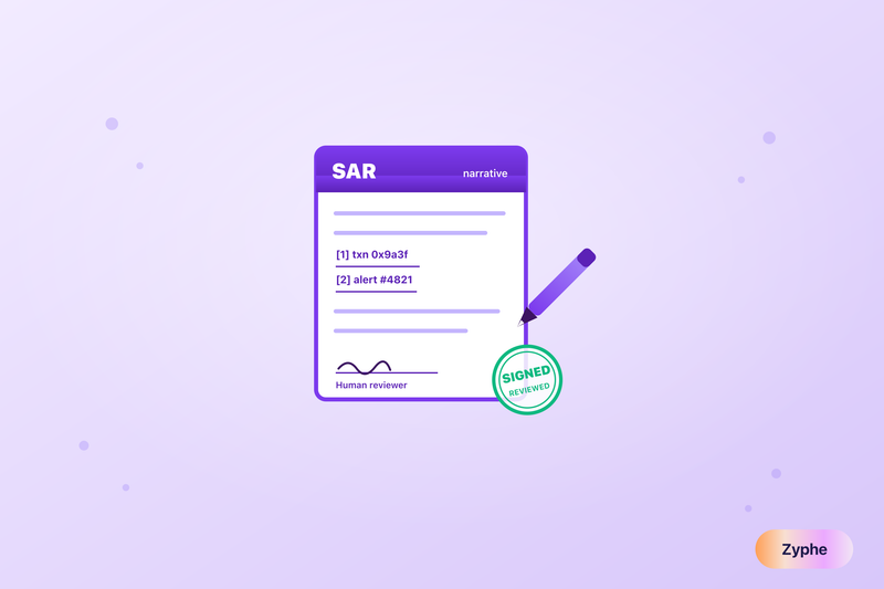 An AI-drafted SAR narrative report with cited transactions and a human signed-off review stamp