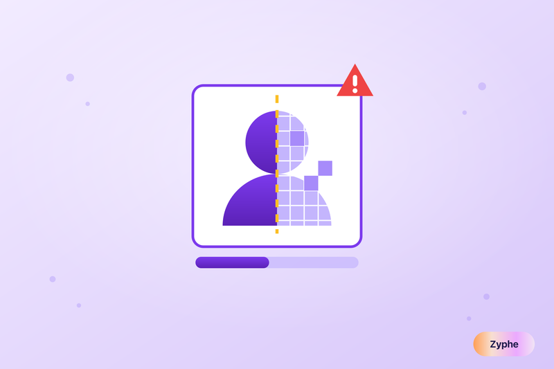 Genuine face beside a synthetic face under a scan grid with an alert marker, representing deepfake detection in KYC