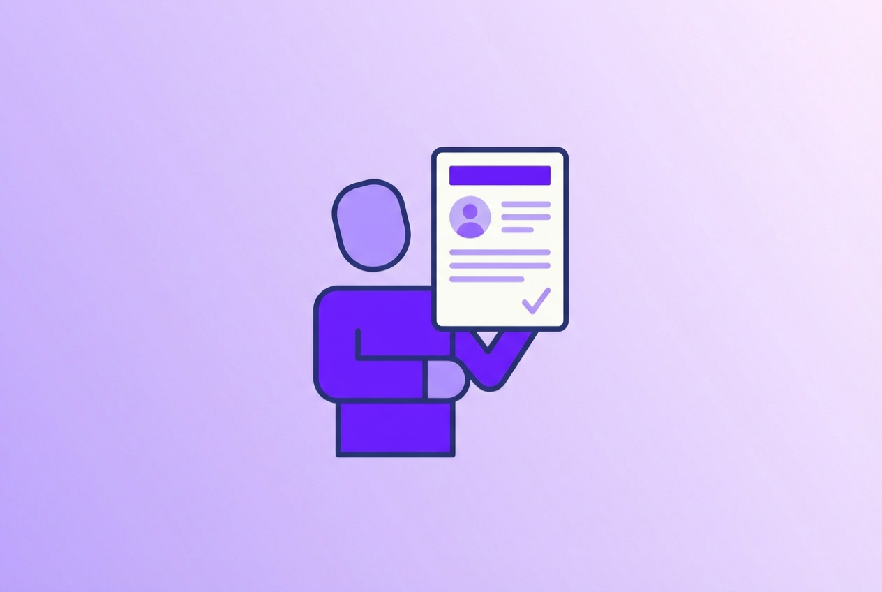 Kyc objective list with a man on a gradient purple background.