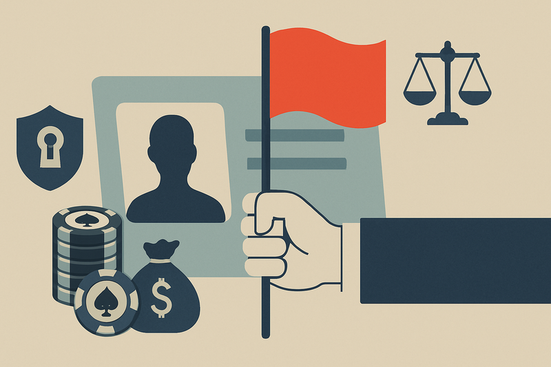 Editorial illustration for the article "FATF gambling risk indicators: what the new red flags mean for casino and betting KYC".