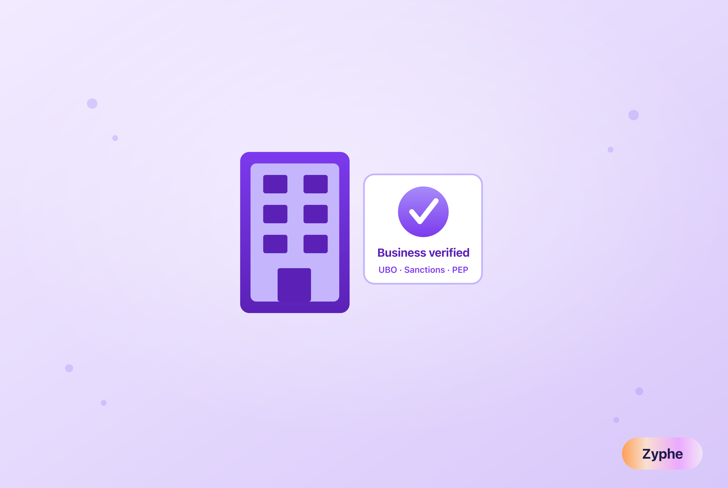 Company building beside a verified card reading Business verified with UBO, sanctions and PEP checks