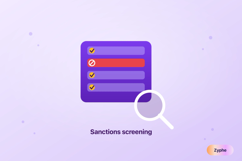 Magnifier over a screening list with one sanctioned entry flagged and blocked