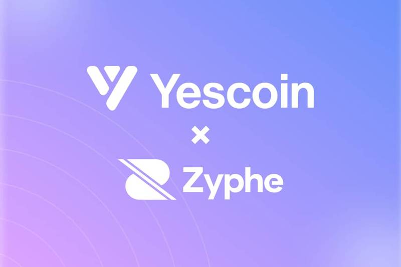 Gradient background in purple and blue with Yescoin and Zyphe logos indicating partnership.