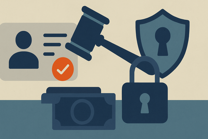 Editorial illustration for the article "The Missouri age verification law now in force: section 407.3405 bans the verifier from keeping anything".