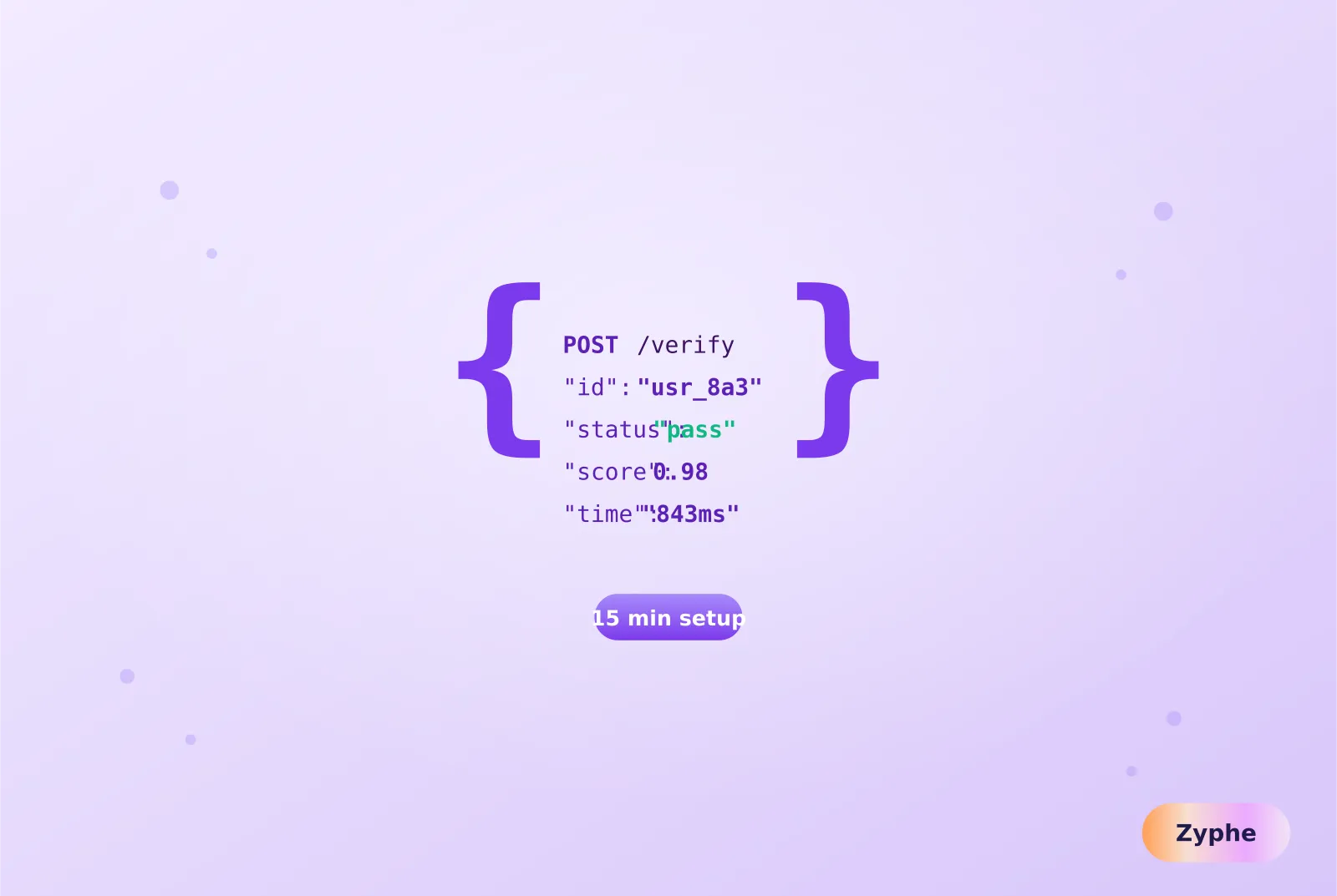 Code curly braces with a verified KYC API response and 15-minute setup label