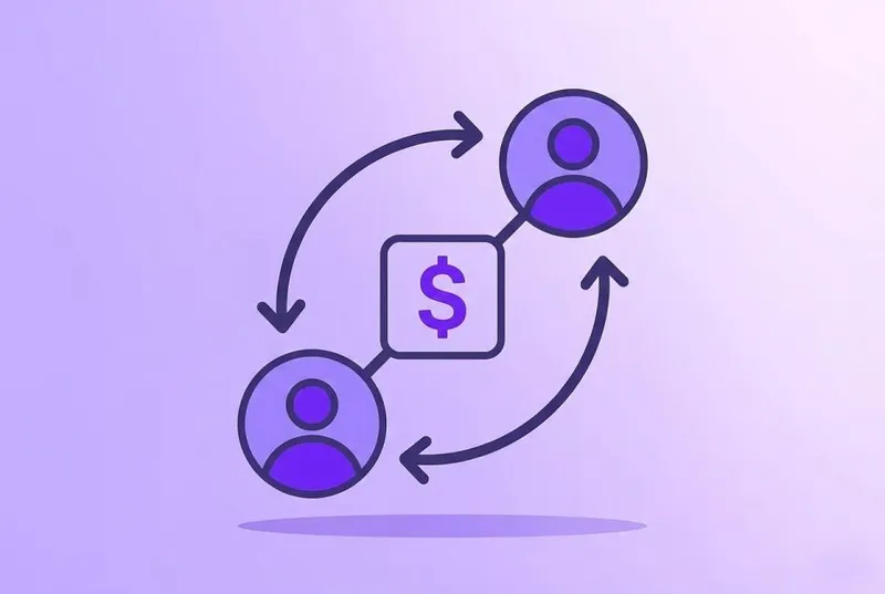 A purple flat-style vector illustration showing a financial transaction between two user icons, a visual example from a Guide to Customer Due Diligence.
