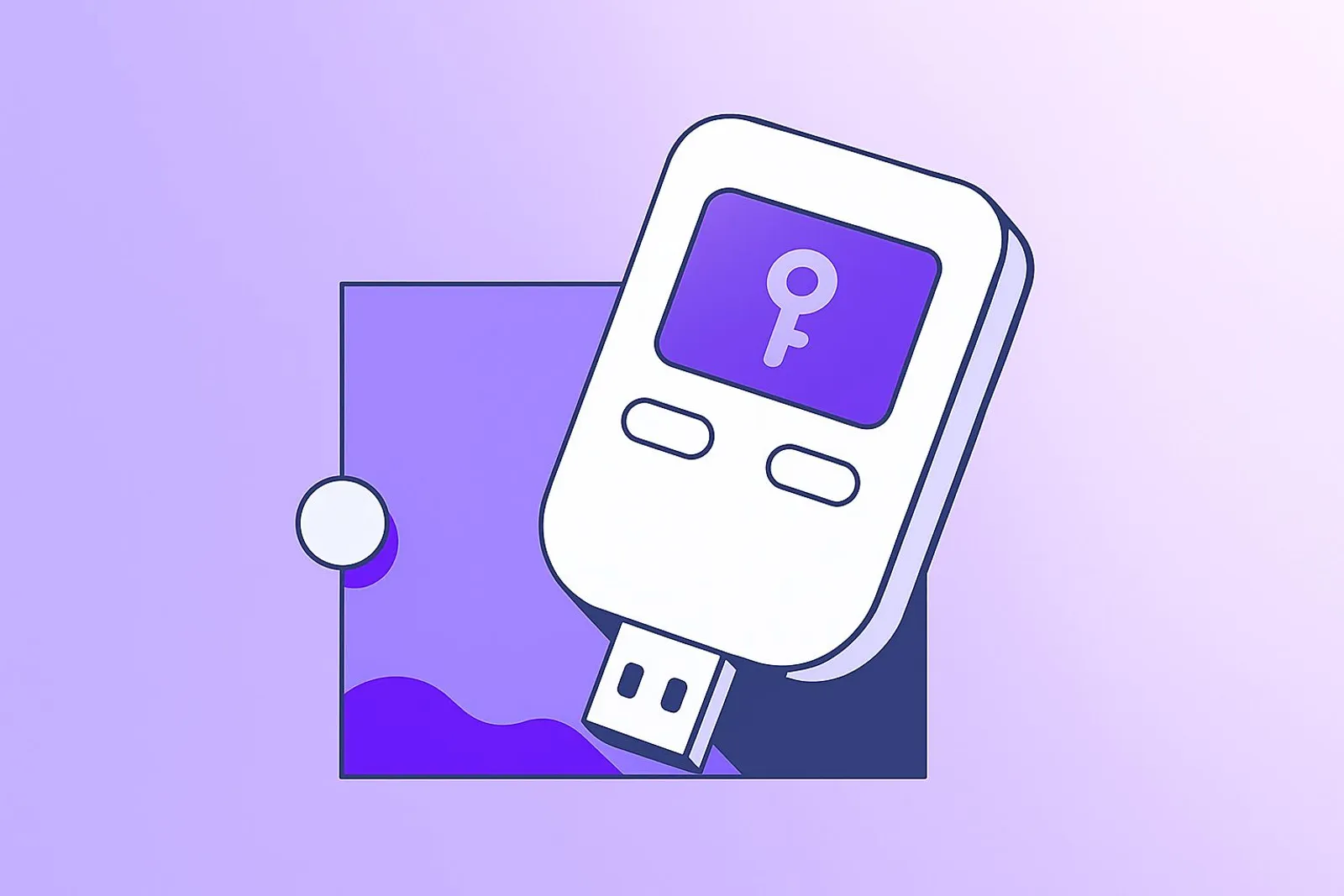 An illustration of a crypto wallet in a gradient purple background.
