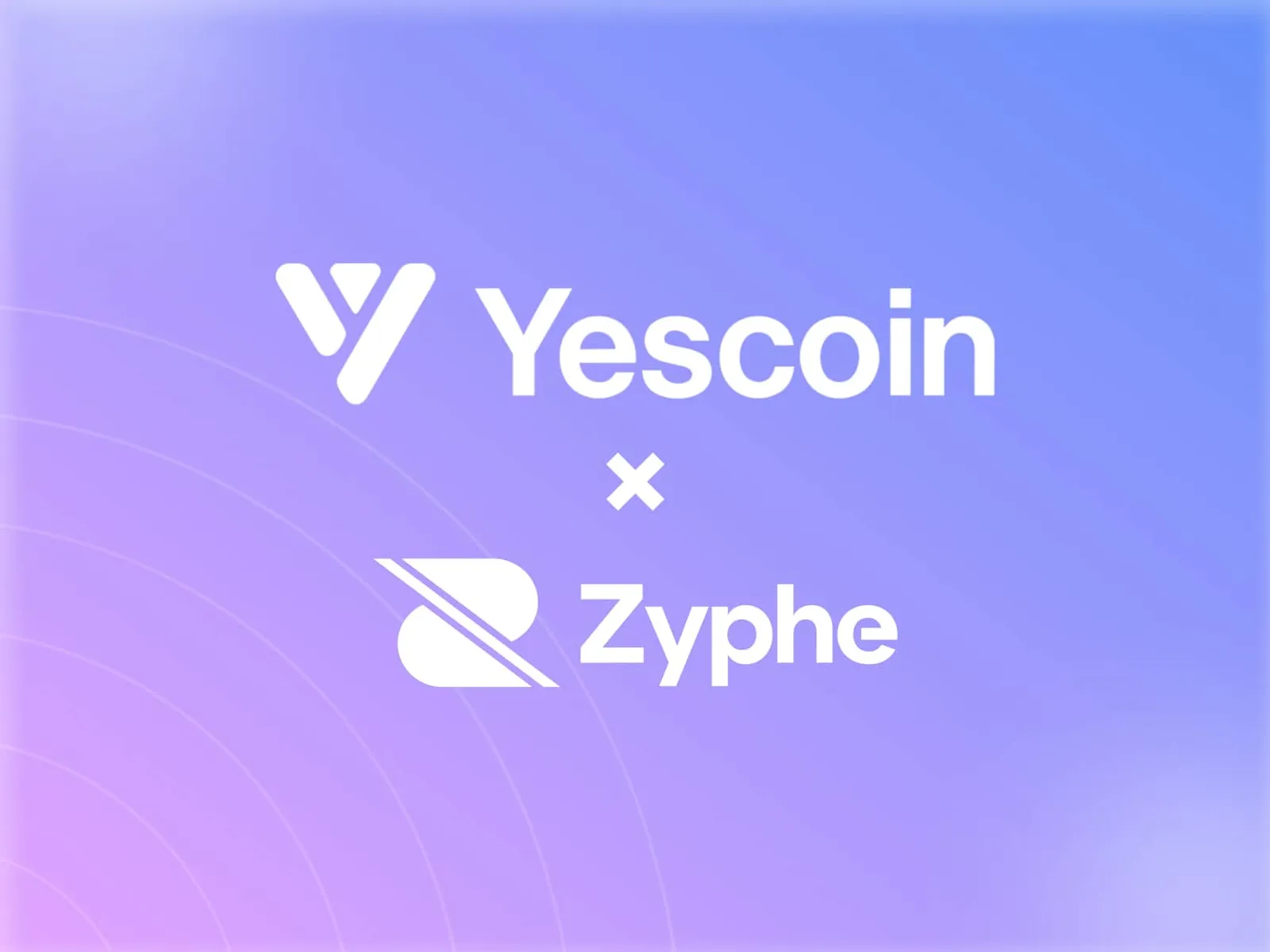 Gradient background in purple and blue featuring two logos in white. The Yescoin logo with text 'Yescoin' is at the top, and the Zyphe logo with text 'Zyphe' is at the bottom, separated by a white 'x' symbol indicating partnership.
