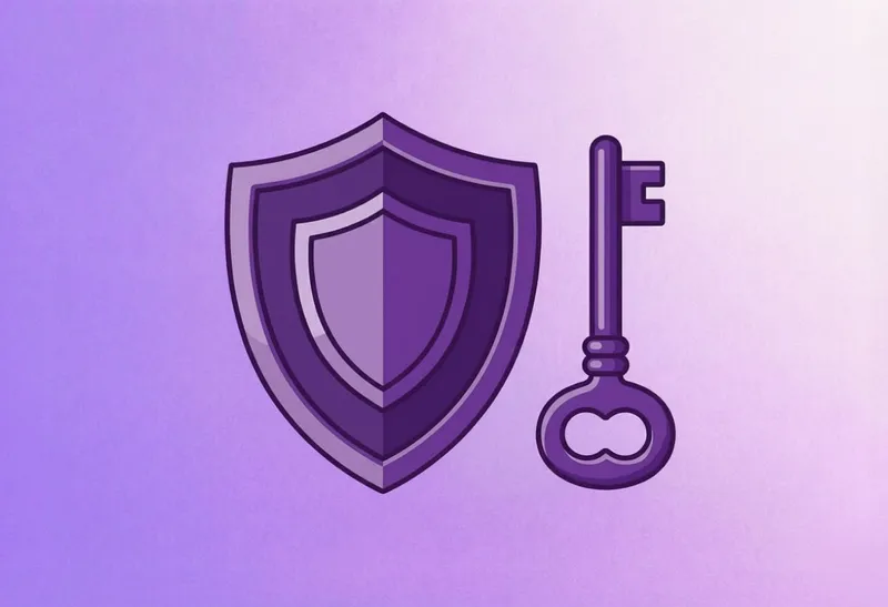 An image of a shield and a key on a purple gradient background.