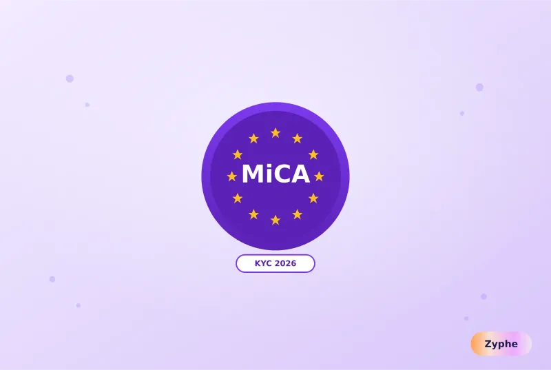EU stars circle with MiCA regulation label and KYC 2026 badge