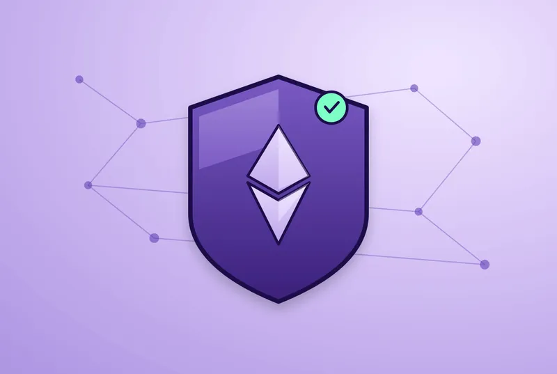 KYC web3 illustration: a shield with the Ethereum logo and a green compliance check, connected to a node graph representing decentralised credentials and on-chain attestations