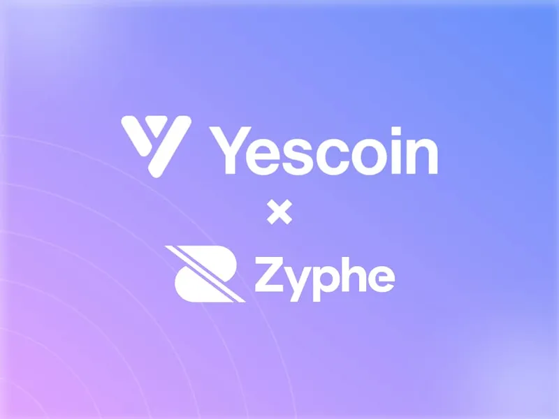 Gradient background in purple and blue with Yescoin and Zyphe logos indicating partnership.