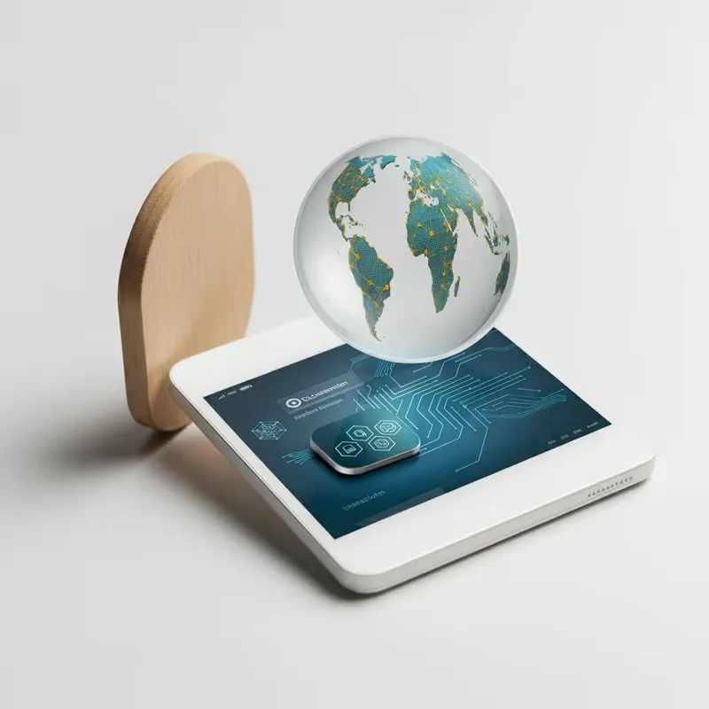 The illustration of a globe and a tablet showing the AML Compliance in 2025.