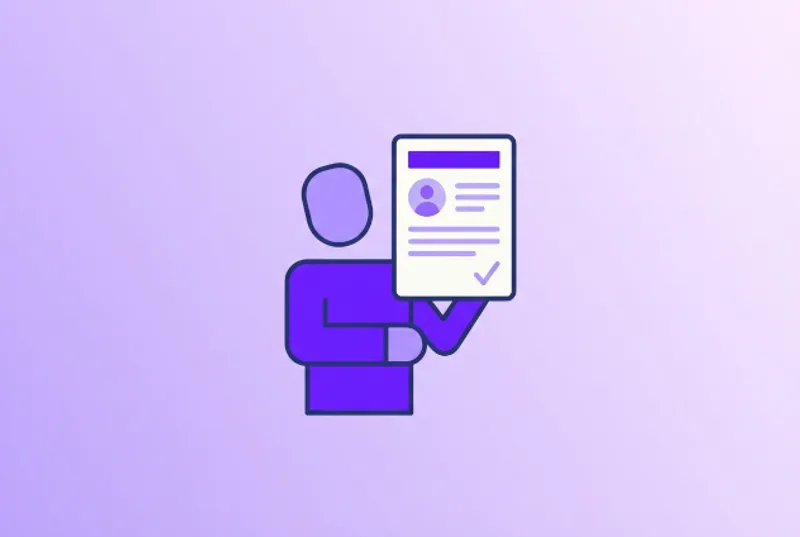 Kyc objective list with a man on a gradient purple background.